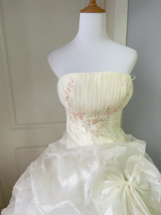 Pretty Quinceanera Dress Ball Gown Strapless Yellow Tulle With Ruffled Lace 18th Birthday Party Outfit RC1453