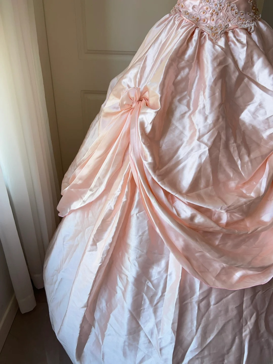 Pretty Quinceanera Dress Ball Gown Strapless Pink Satin With Ruffled Lace 18th Birthday Party Outfit RC1451