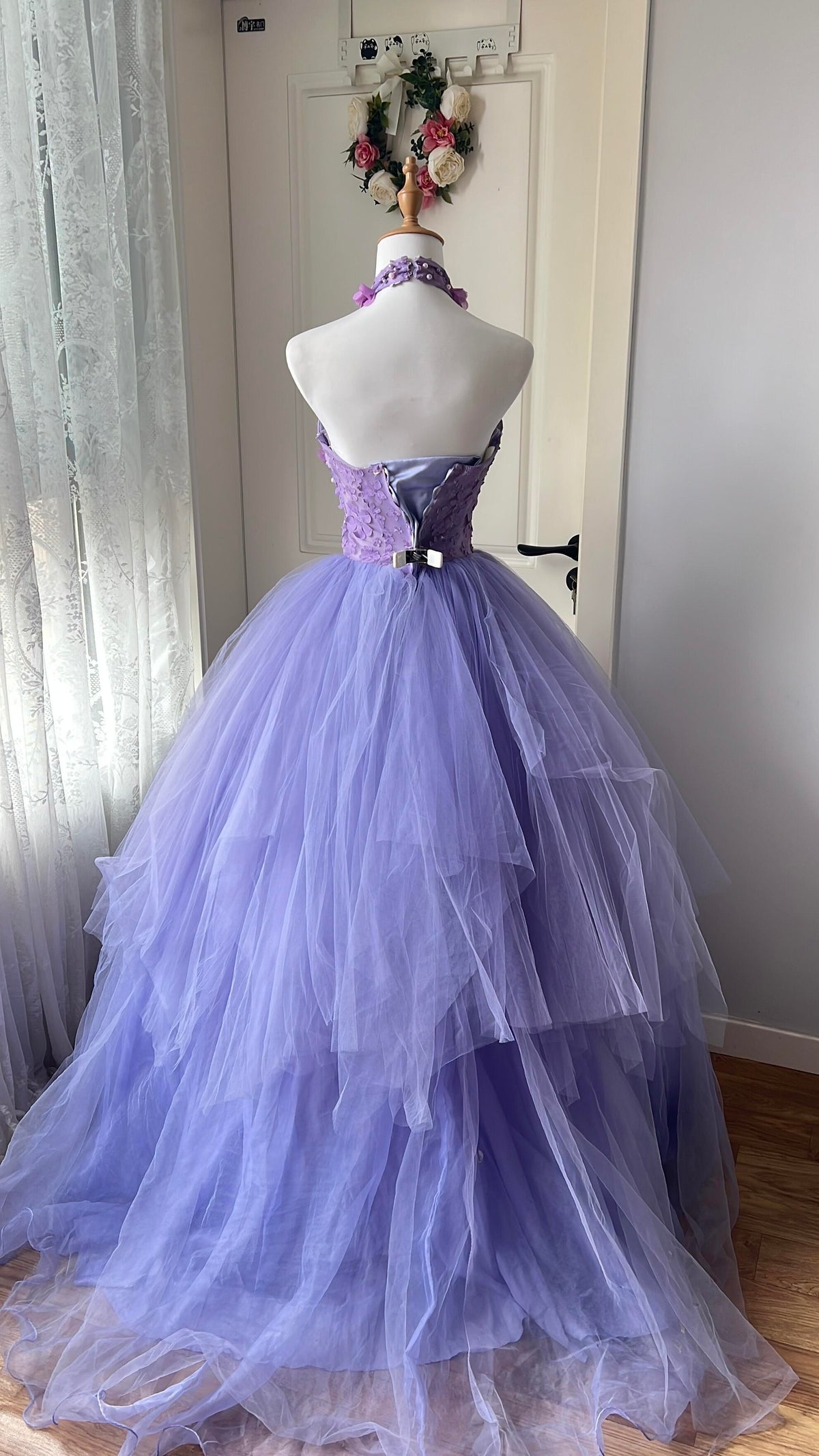 Sweet 16 Quinceanera Dress Ball Gown High Neck Tulle Lilac With Flowers Birthday Party Gown RC0861