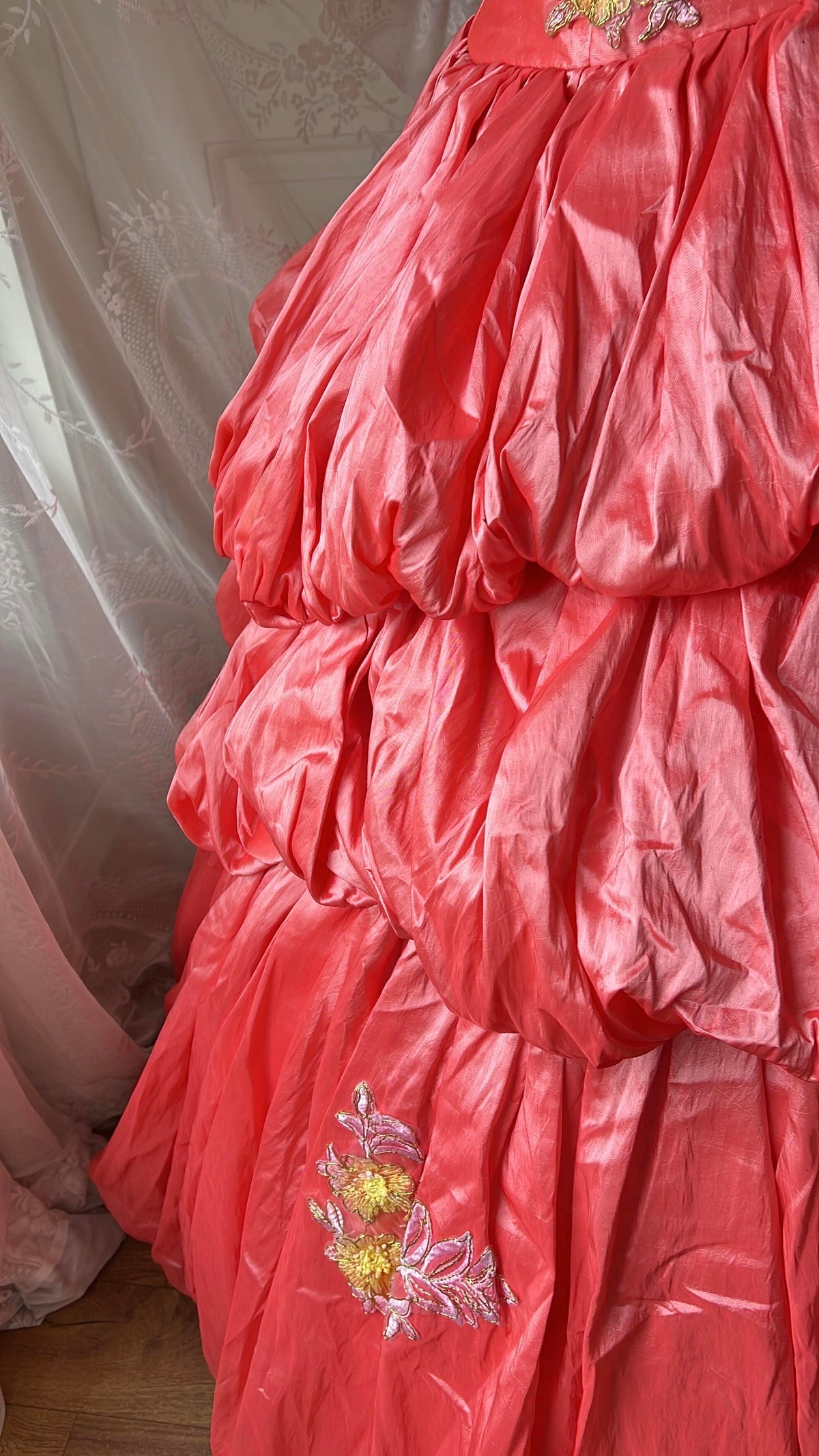 Sweet 16 Quinceanera Dress Ball Gown Strapless Coral Taffeta With Tiered Lace Birthday Party Gown RC0857