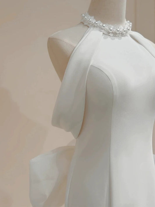 Simple Mermaid Halter White Satin 70s Fitted Long Wedding Dress Bride Gown Brides Dresses AU003