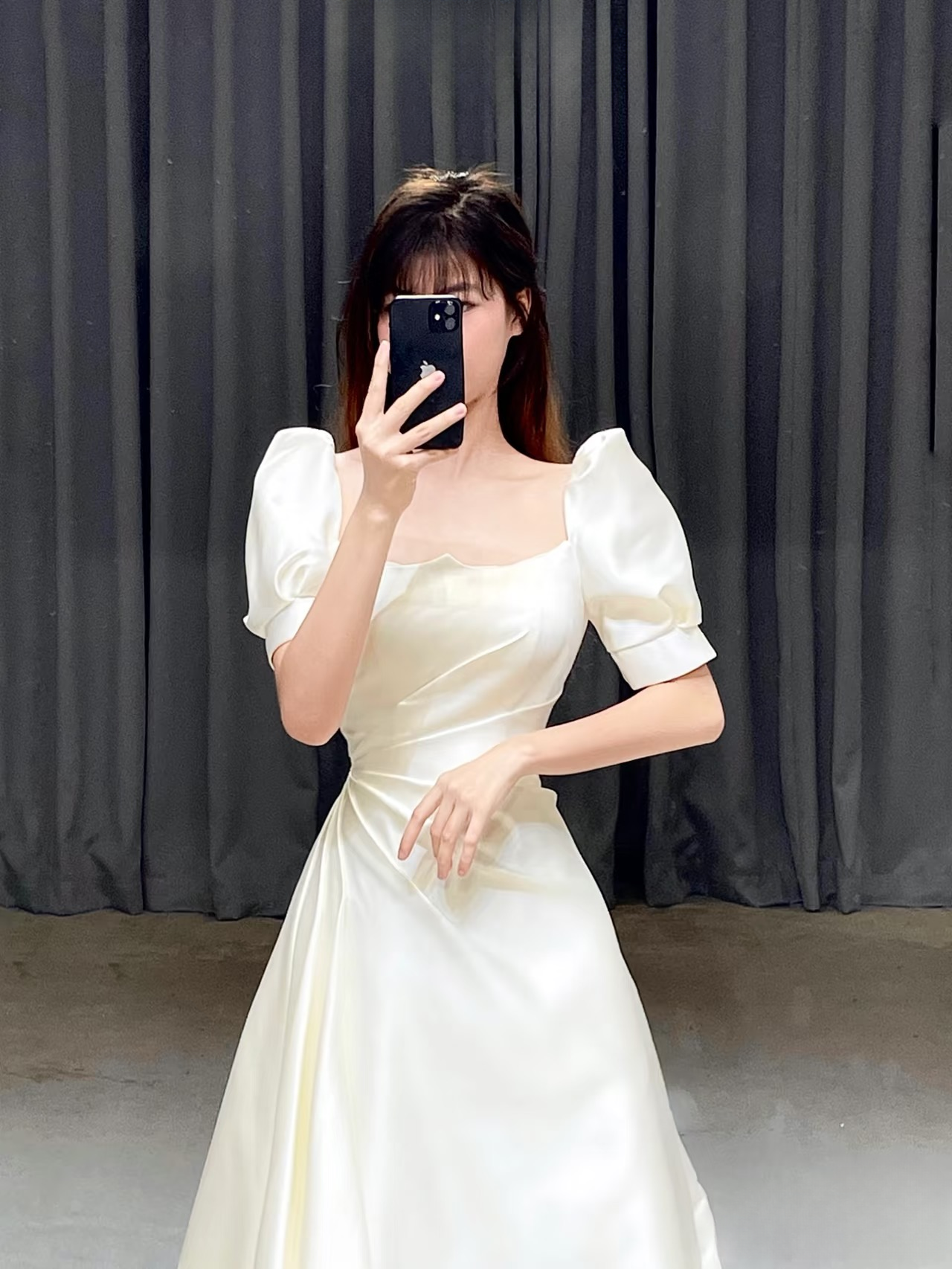 Cheap A line Square Neck Short Sleeves Long Satin White Wedding Dress Fairy Formal Wedding Dresses Civil Brides Gowns AU008