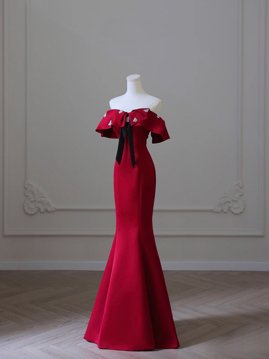 Mermaid Off The Shoulder Red Satin Floor Length Stunning Prom Dresses 2026 Inspiration Prom Dress Princess Graduation Dress AU013