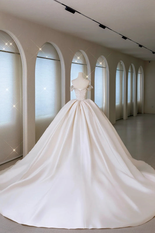 Whimsical Ball Gown Off The Shoulder Satin Fitted Long Lace Wedding Dress Bride Gowns Wedding Dresses AU013