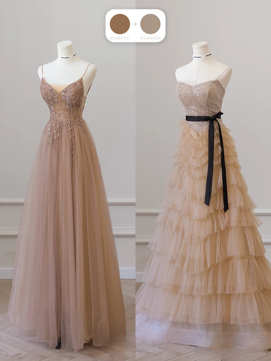 Elegant A Line Strapless Sleeveless Champagne Tulle Floor Length Amazing Prom Dress Inspiration Ideas Prom Inspo Dresses Graduation Dress AU020