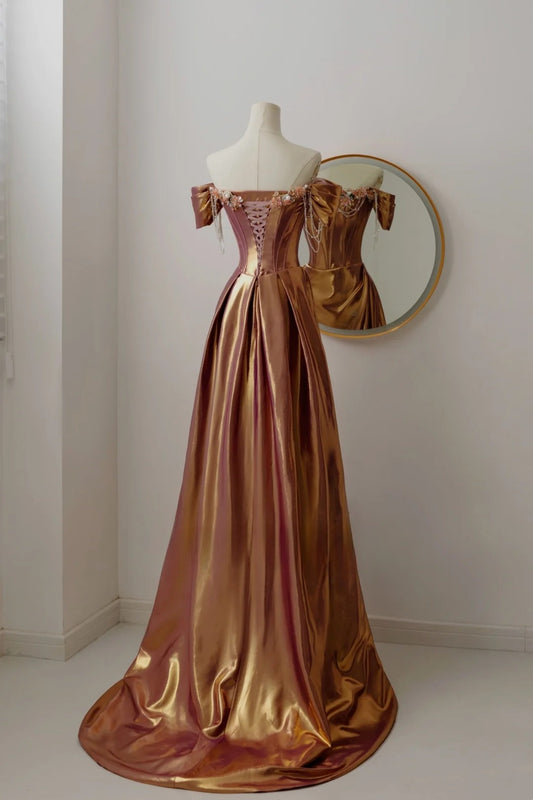 Modest Mermaid Off The Shoulder Satin Flowers Beaded Prom Dresses Long Party Dress Evening Outfits Graduation Dress AU021