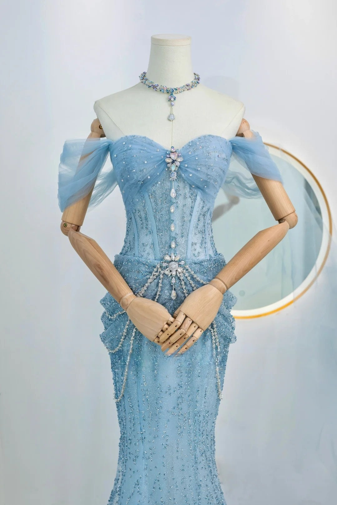Modest Mermaid Off The Shoulder Blue Sequin Beaded Prom Dresses Long Party Dress Evening Outfits Graduation Dress AU025
