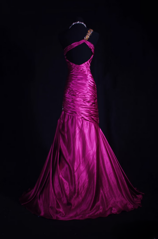 Retro Prom Dresses Mermaid One Shoulder Fuchsia Satin Beaded Vintage Fashion Long Prom Dresses Party Gowns AU028