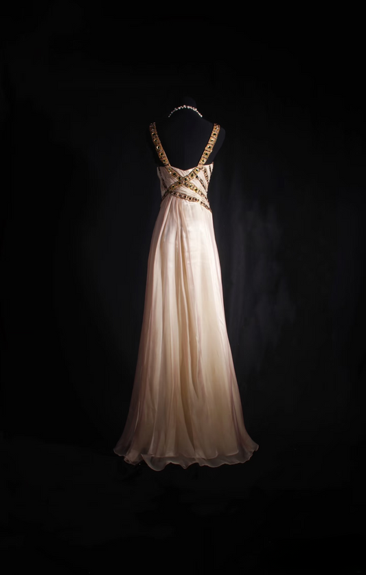 Vintage A Line Strap With Gold Beaded 80s Chiffon Inspiration Long Prom Dresses Evening Party Dress Prom Gowns AU034