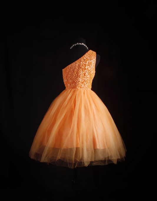 Cute Ball Gown One Shoulder Orange Tulle Short 16th Birthday Dress Homecoming Dresses Cocktail Gown AU051