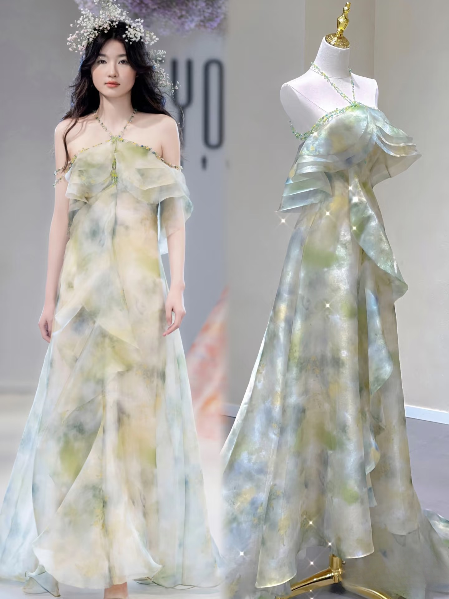 Elegant A Line Halter Green Chiffon Long Stunning Prom Dresses Inspiration Prom Gowns Princess Graduation Dress AU052