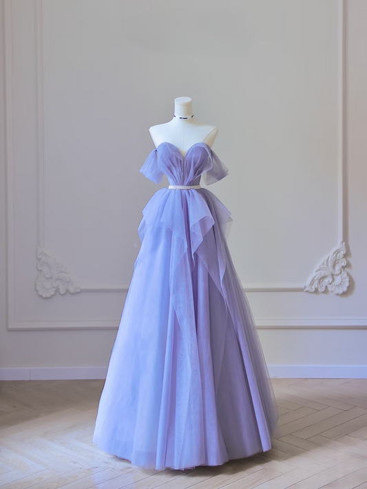Modest Ball Gown Off The Shoulder Tulle Blue Floor Length Prom Dresses Inspiration Prom Dress Princess Graduation Dress AU060
