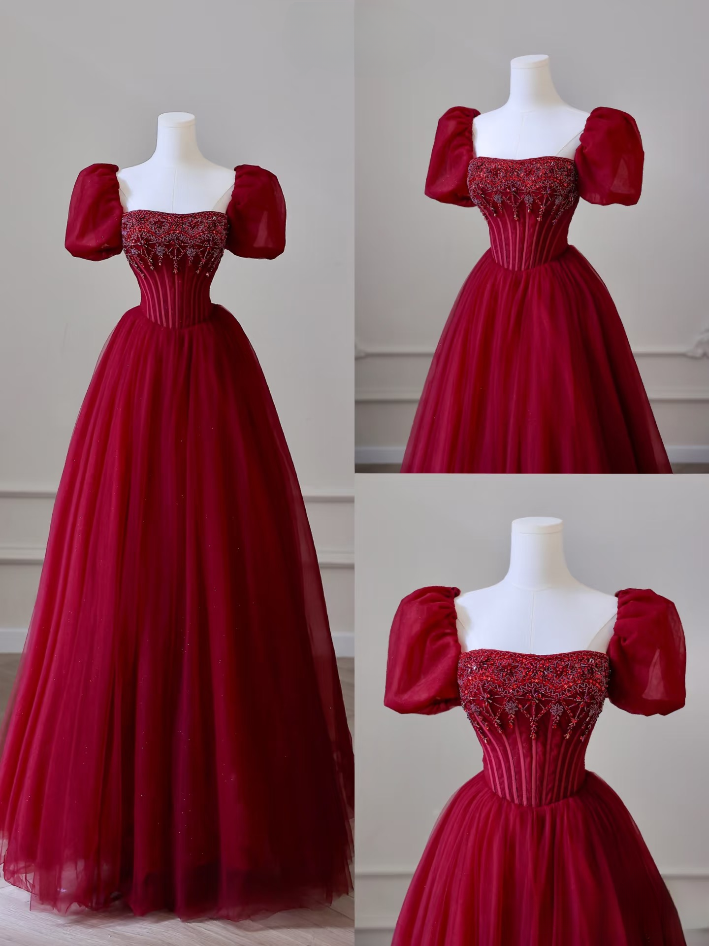 Beautiful Ball Gown Square Neck Tulle Burgundy Prom Dresses Inspiration Prom Dress Princess Graduation Dress AU062