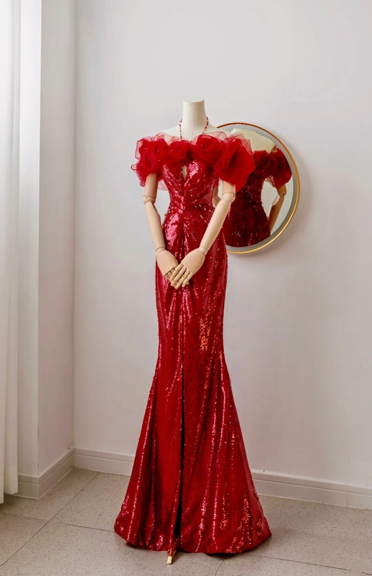 Sexy Mermaid Halter Red Sequin Prom Dresses Long Party Dress 21st Birthday Outfits Formal Dress AU063