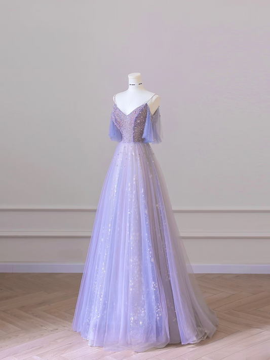 Classy A Line Spaghetti Straps Tulle Lilac Long Prom Dresses Inspiration Trending Prom Gowns Formal Prom Dress AU064
