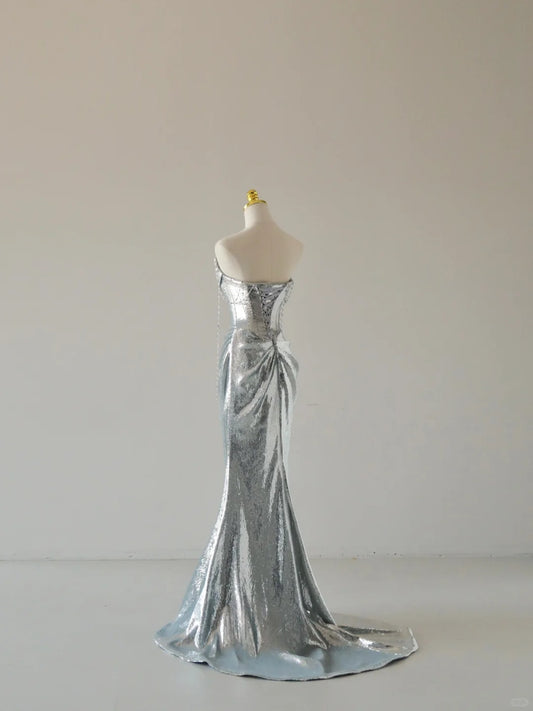 Charming Mermaid Strapless Silver Sequins Sleeveless Prom Dresses Long Prom Gowns AU066