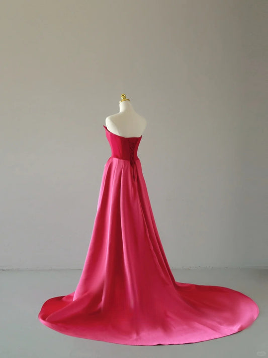 Charming Mermaid Strapless Hot Pink Satin Sleeveless Prom Dresses Long Prom Gowns AU067