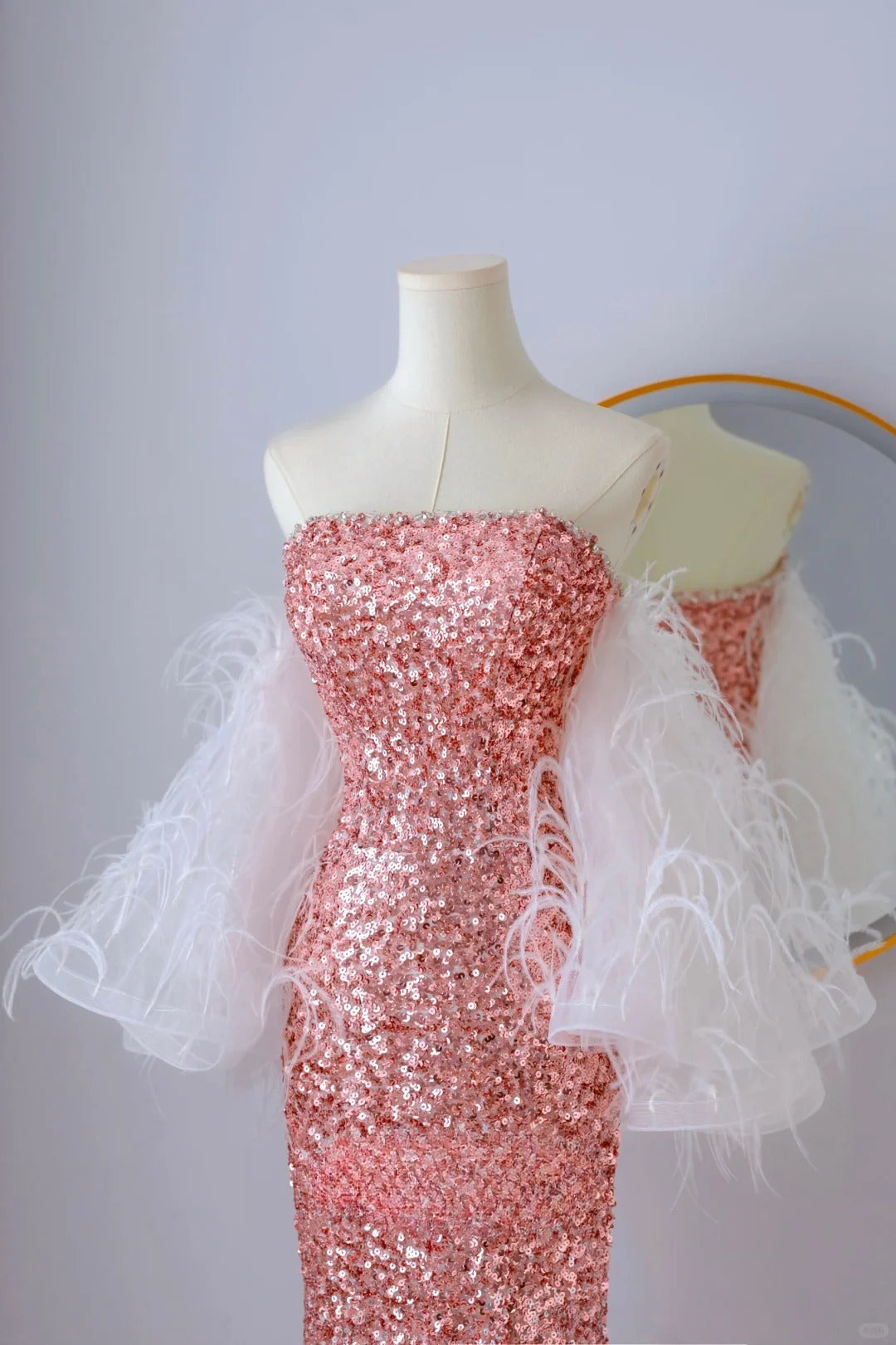 Classy Mermaid Strapless Pink Sequin Floor Length Slit Prom Dresses Formal Dress Birthday Outfits Prom Gown AU067