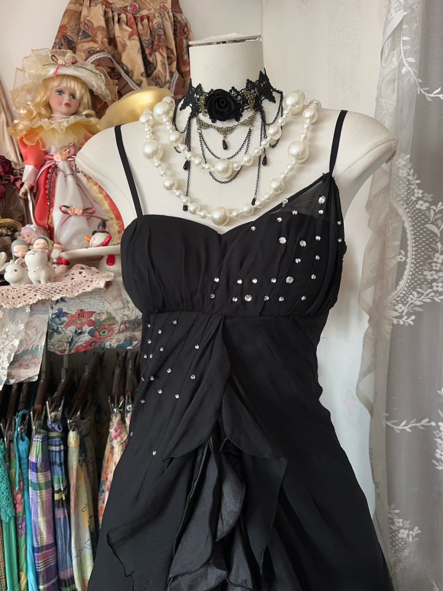 Vintage Prom Dresses 90s Ball Mermaid Spaghetti Straps Black Chiffon Long Party Dress Evening Dresses AU069