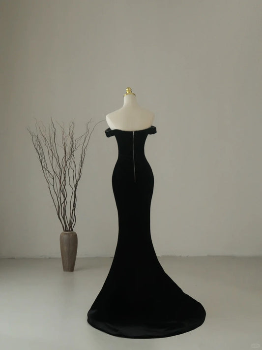 Simple Mermaid Off The Shoulder Black Velvet Cap Sleeves Prom Dresses Long Prom Gowns AU072