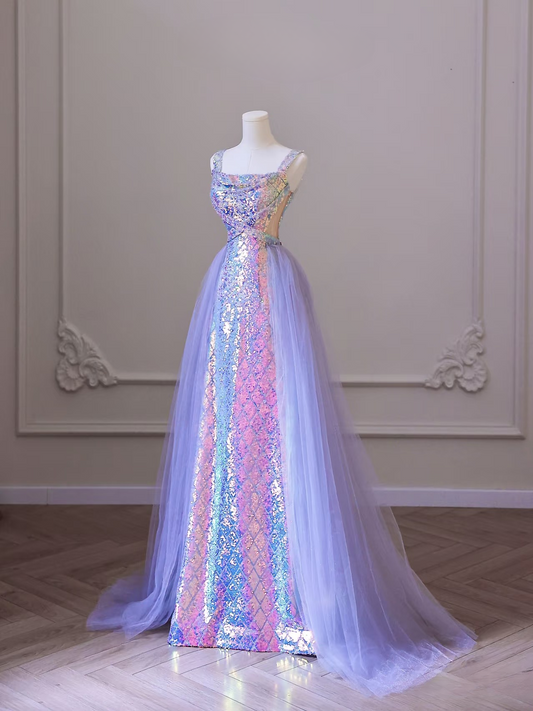 Elegant Mermaid Square Neck Sleeveless Sequin Long Floor Length Prom Dress Inspiration Prom Dresses AU073