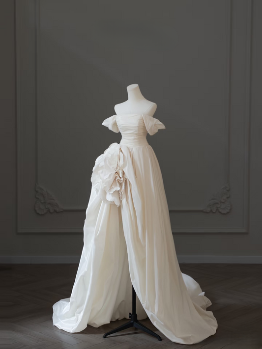 Simple High Low Off The Shoulder White Satin Long Wedding Dress Fairy Formal Wedding Dresses AU083