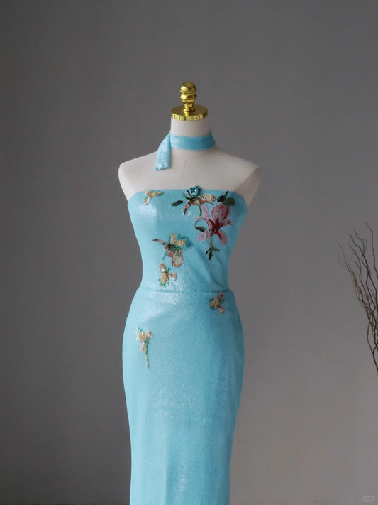 Charming Mermaid Strapless Blue Sequins Sleeveless Long Prom Dresses Appliqued Prom Gowns AU088