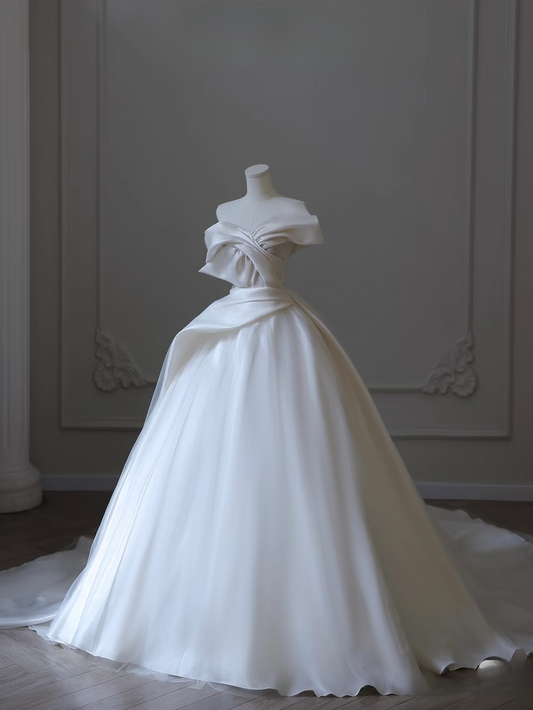 Dreamy Ball Gown Off The Shoulder Satin White Short Sleeves Wedding Dress Fairy Formal Wedding Dresses AU090