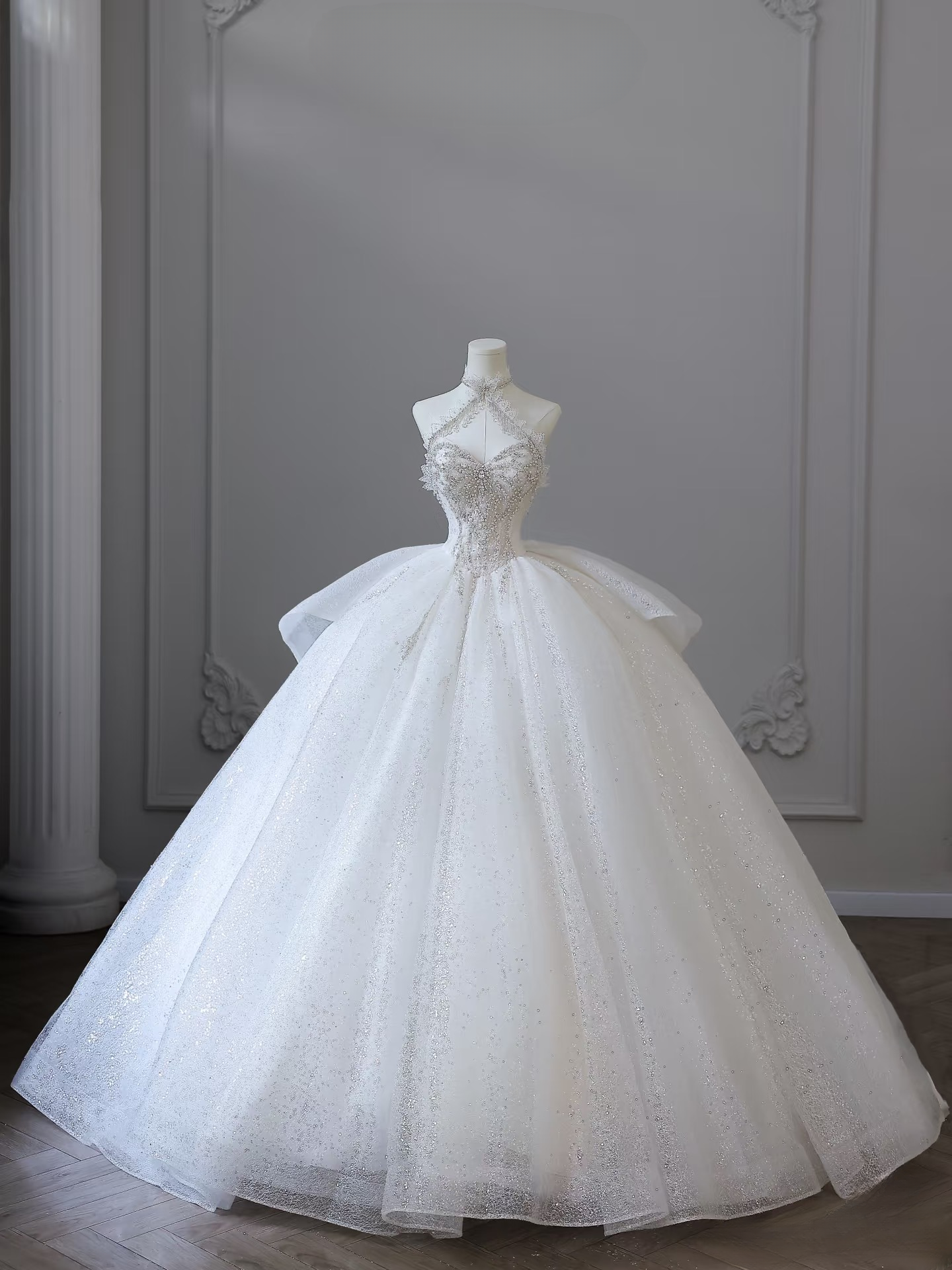 Classic Ball Gown Sweetheart Tulle Silver Beads Sequin White Long Wedding Dress Fairy Formal Wedding Dresses AU095
