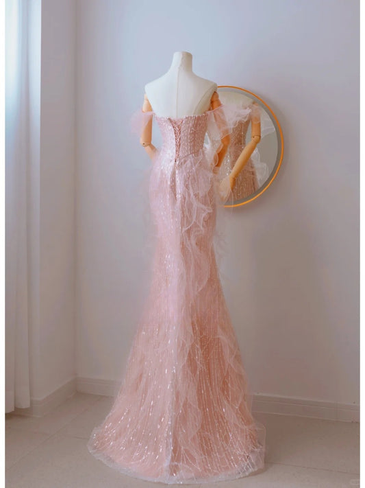 Cute Mermaid Off The Shoulder Blush Pink With Short Sleeves Beads Long Prom Dresses Formal Party Dress Prom Gown AU110