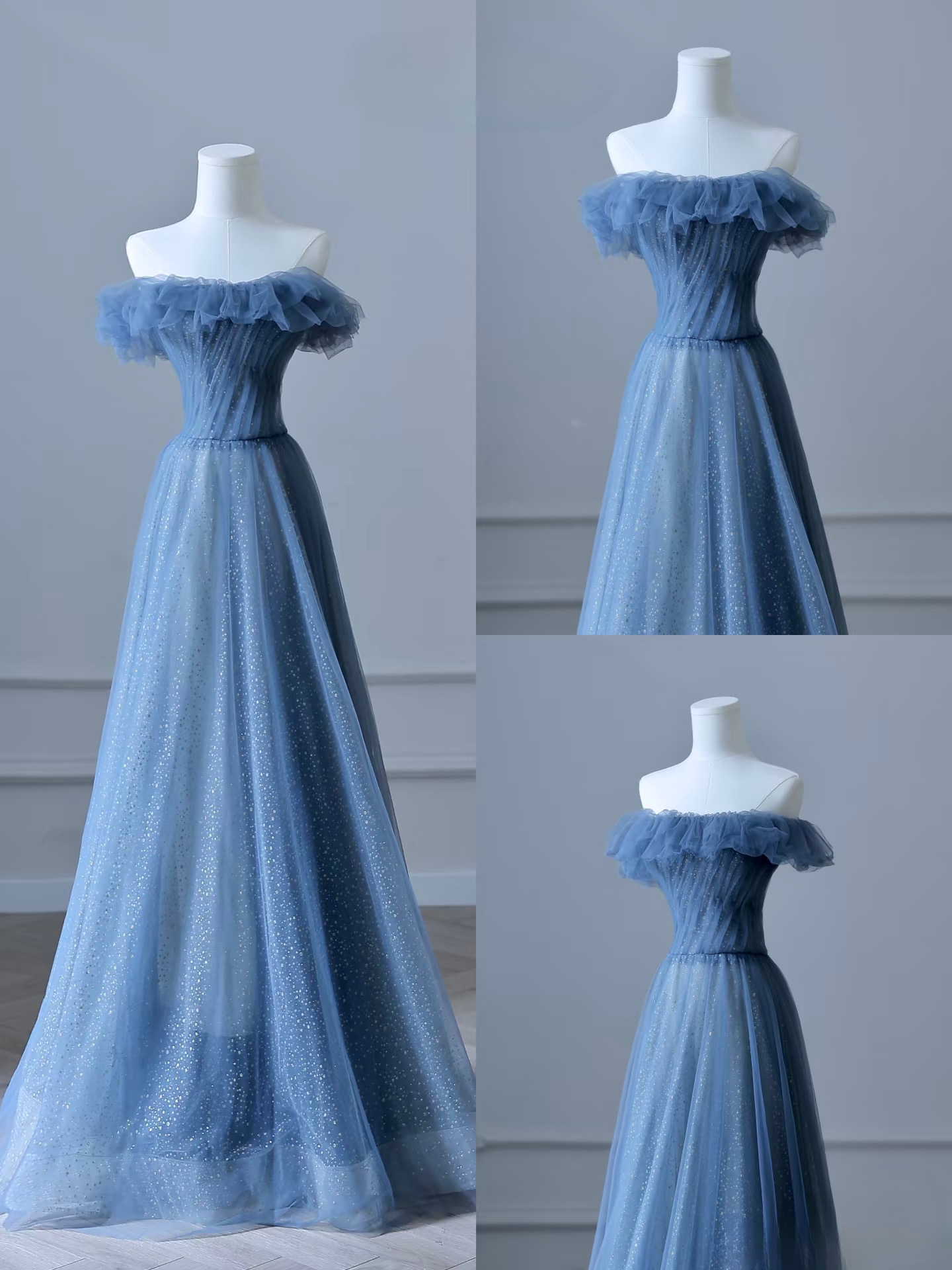 Elegant Ball Gown Off The Shoulder Blue Tulle Prom Dresses Inspiration Trending Evening Gowns Formal Party Prom Dress U112
