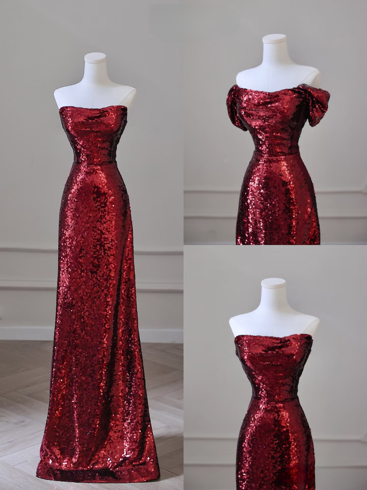 Timeless Sheath Strapless Burgundy Sequin Prom Dress Inspiration Long Party Formal Prom Dresses AU117