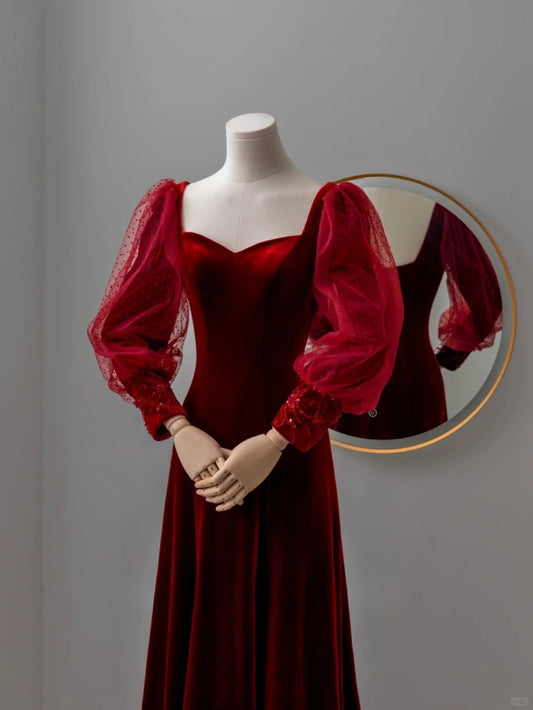 Charming A line Sweetheart Red Velvet Long Prom Dresses Formal Party Dress Prom Gown AU118