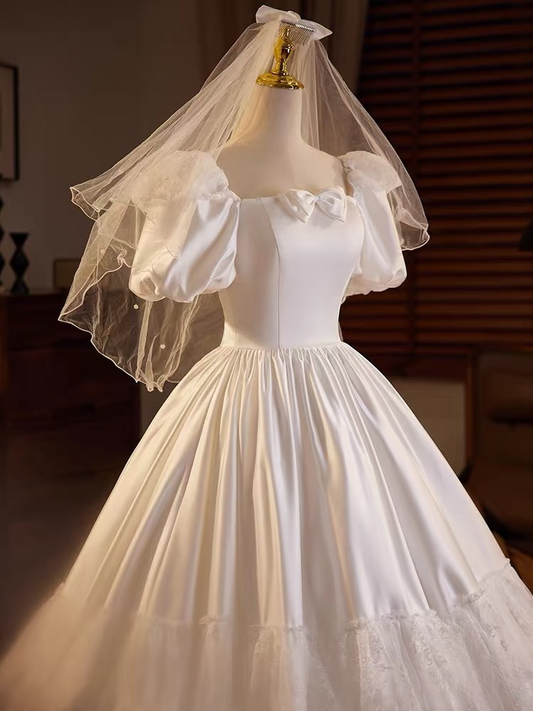 Vintage Ball Gown Square Neck Multi Layers White Satin Long Wedding Dress Bride Gowns Wedding Dresses With Sleeves AU124