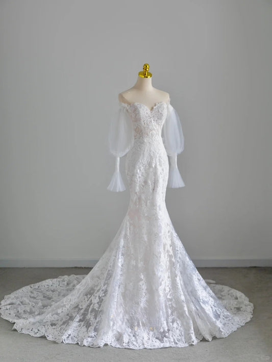 Modest Mermaid Sweetheart Lace White Groom Long Bride Gown Bridal Dress Modest Wedding Dresses RB7713