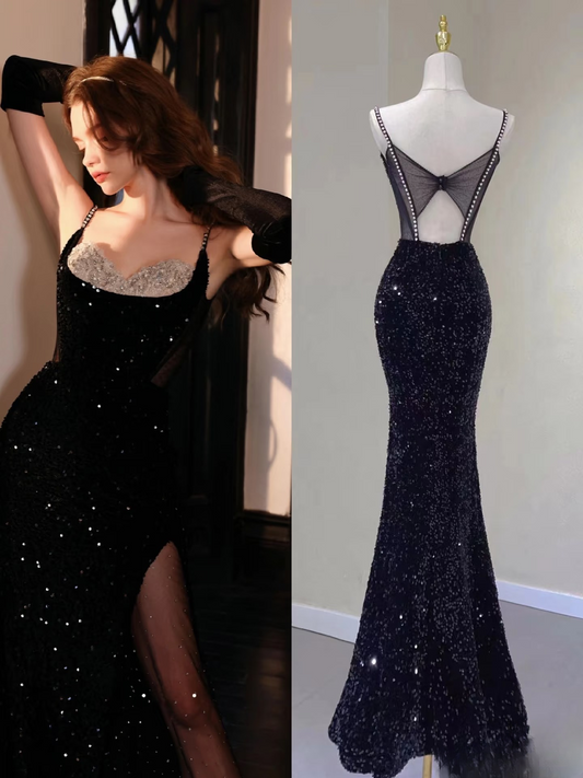 Sexy Mermaid Spaghetti Straps Black Sequin Prom Dress Inspiration Long Party Formal Prom Dresses AU140
