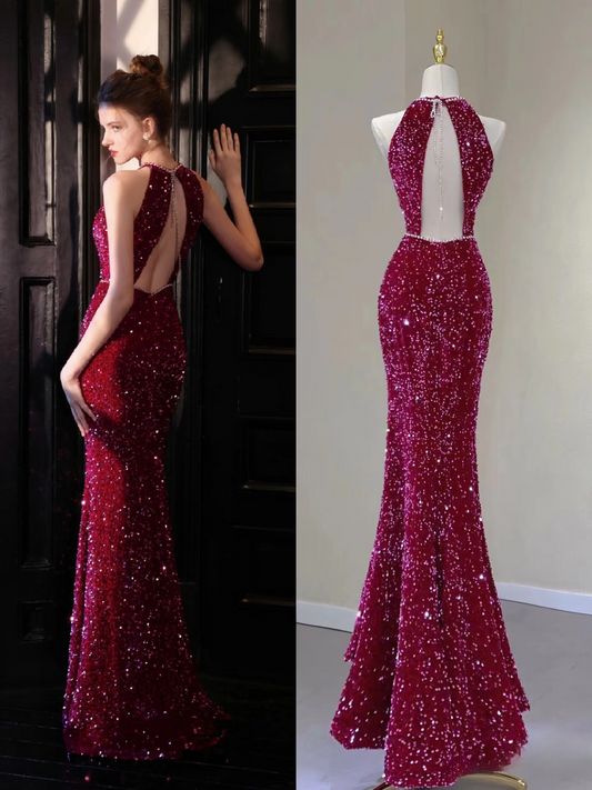 Elegant Mermaid High Neck Sequin Sparkly Pleated Floor Length Prom Dress Inspiration Long Prom Dresses AU141
