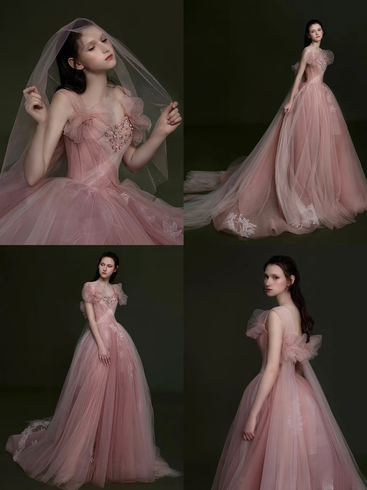 Elegant Ball Gown Straps Pink Lace Long Prom Dresses Unique Party Formal Graduation Dress AU146