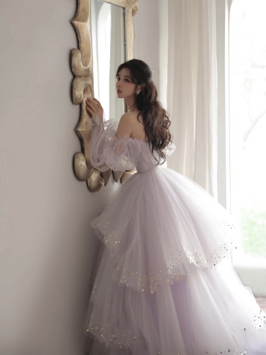Elegant Ball Gown Square Neck Lilac Long Sleeves Prom Dresses Unique Party Formal Graduation Dress AU146