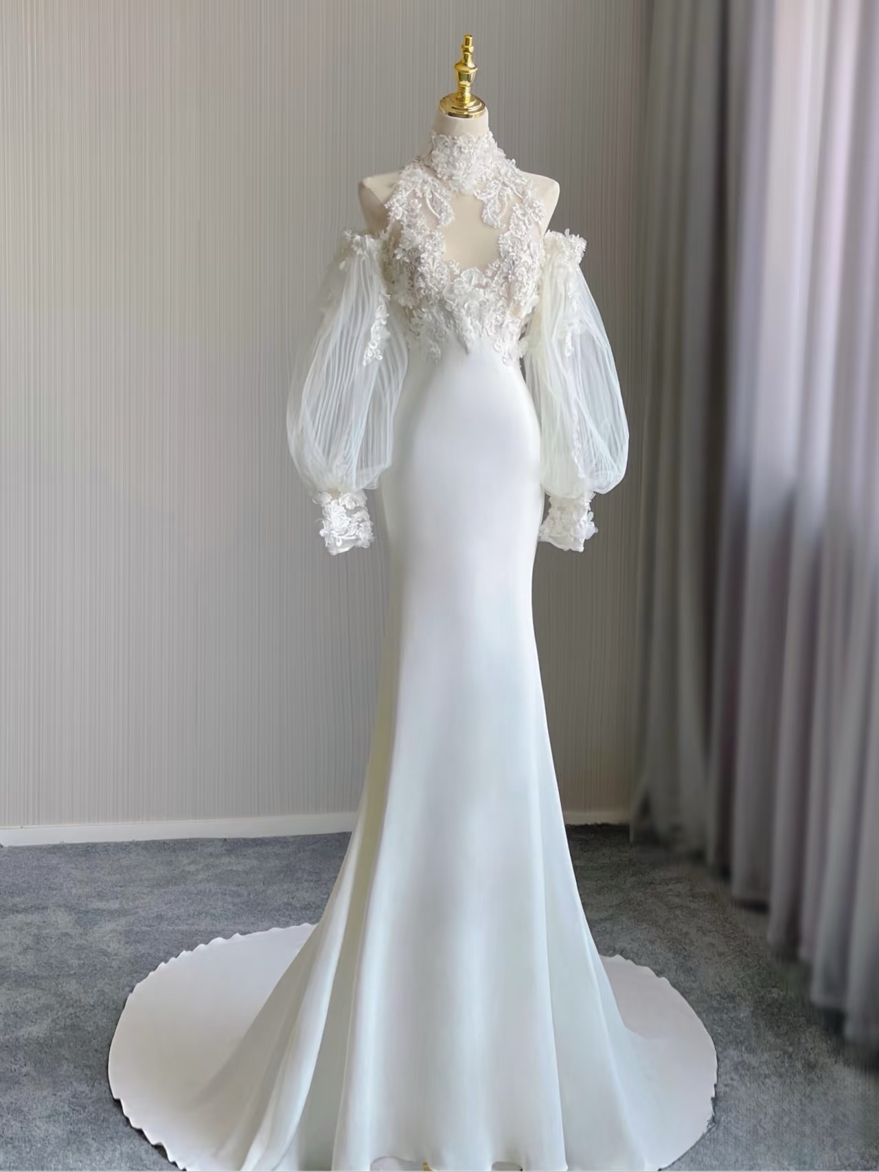 Dream Mermaid High Neck Sleeveless Lace White Wedding Dress Fairy Formal Brides Gown Wedding Dresses AU159