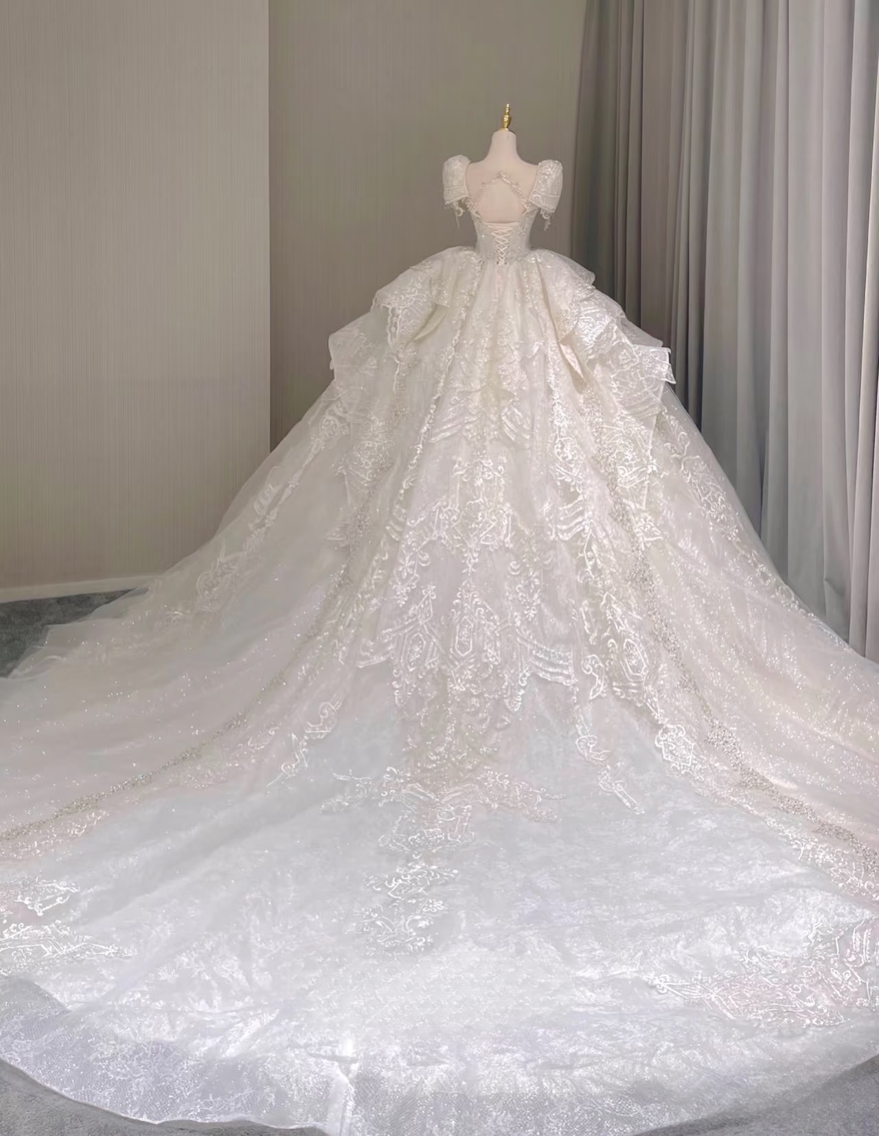 Dream Ball Gown V neck Short Sleeves White Lace Long Wedding Dress Fairytale Autumn Spring Wedding Dresses AU160