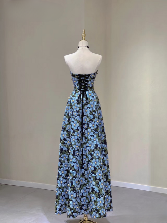 Timeless A line Sweetheart Blue Floral Satin Long Prom Dresses Party Dress Birthday Outfits Graduation Dress AU161