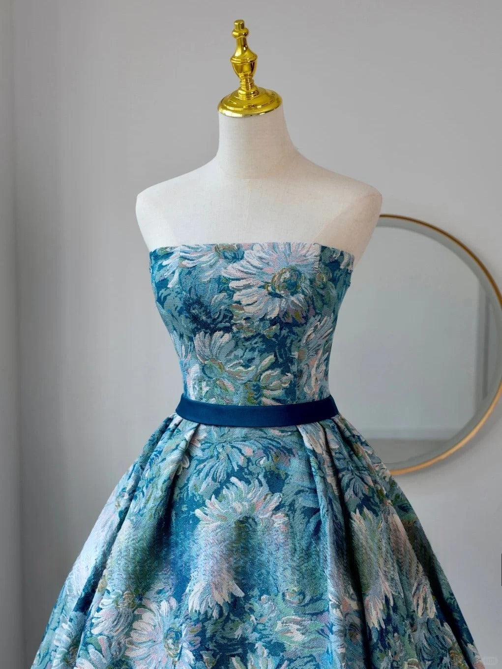Modest Ball Gown Strapless Floral Blue Satin Prom Dresses Long Sweet 16 Birthday Party Dress Evening Dresses AU161