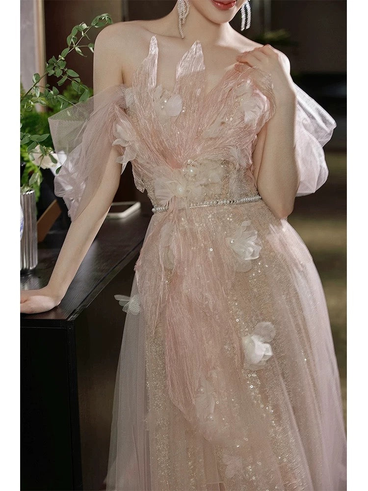 Elegant Ball Gown Off The Shoulder Sequin Blush Pink Long Prom Dresses Party Formal Graduation Dress AU177