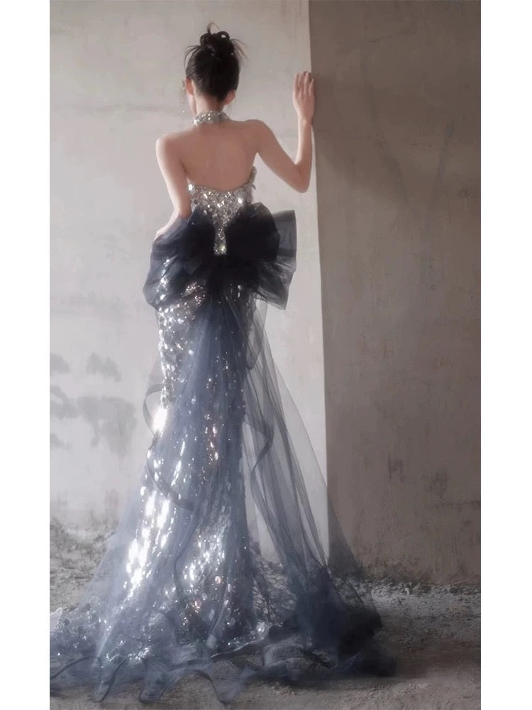 Elegant Mermaid Strapless Sleeveless Silver Gray Sequin Long Prom Dresses Party Formal Graduation Dress AU178