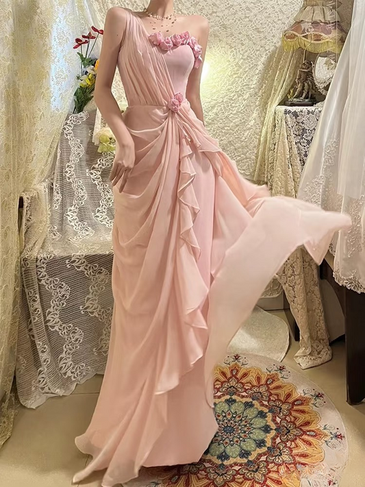 Chic A Line One Shoulder Pink Chiffon Sleeveless Prom Dresses Long Prom Gowns AU178