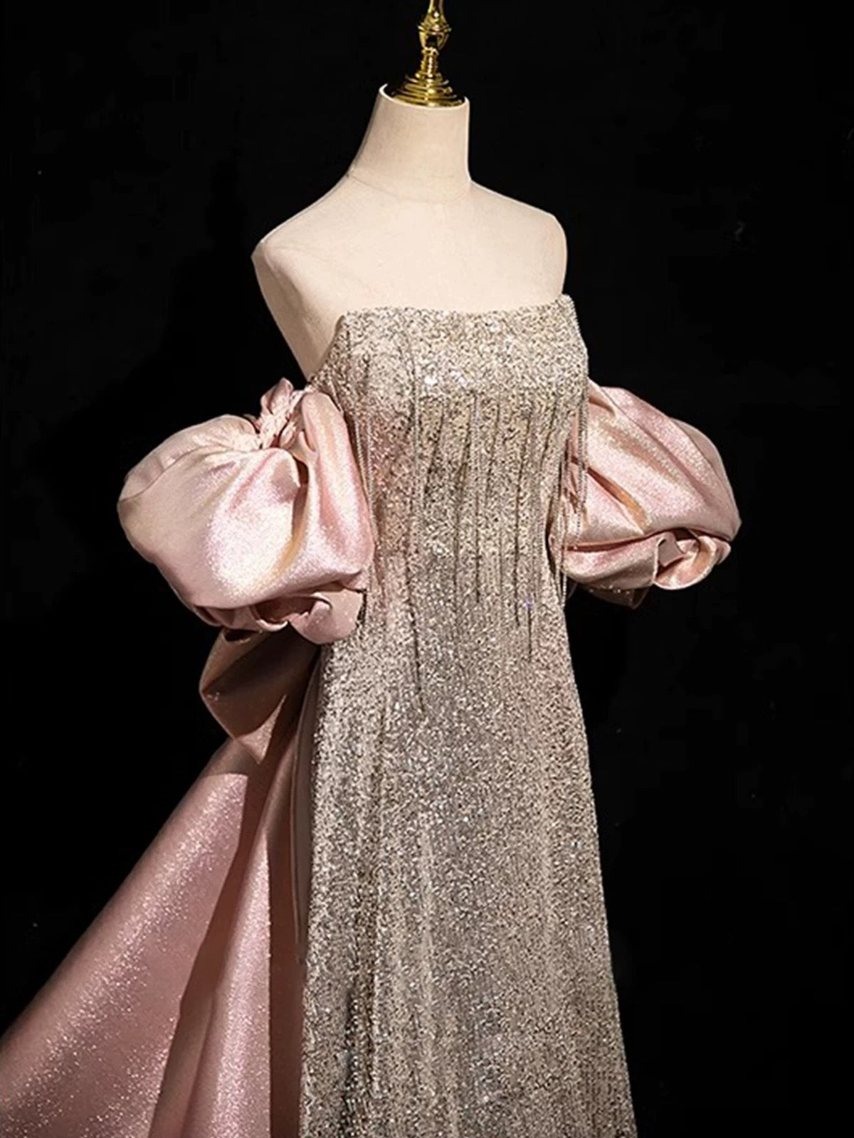 Sexy A Line Strapless Sequin Long Prom Dresses With Sleeves Party Dress Birthday Outfits Graduation Dress AU191