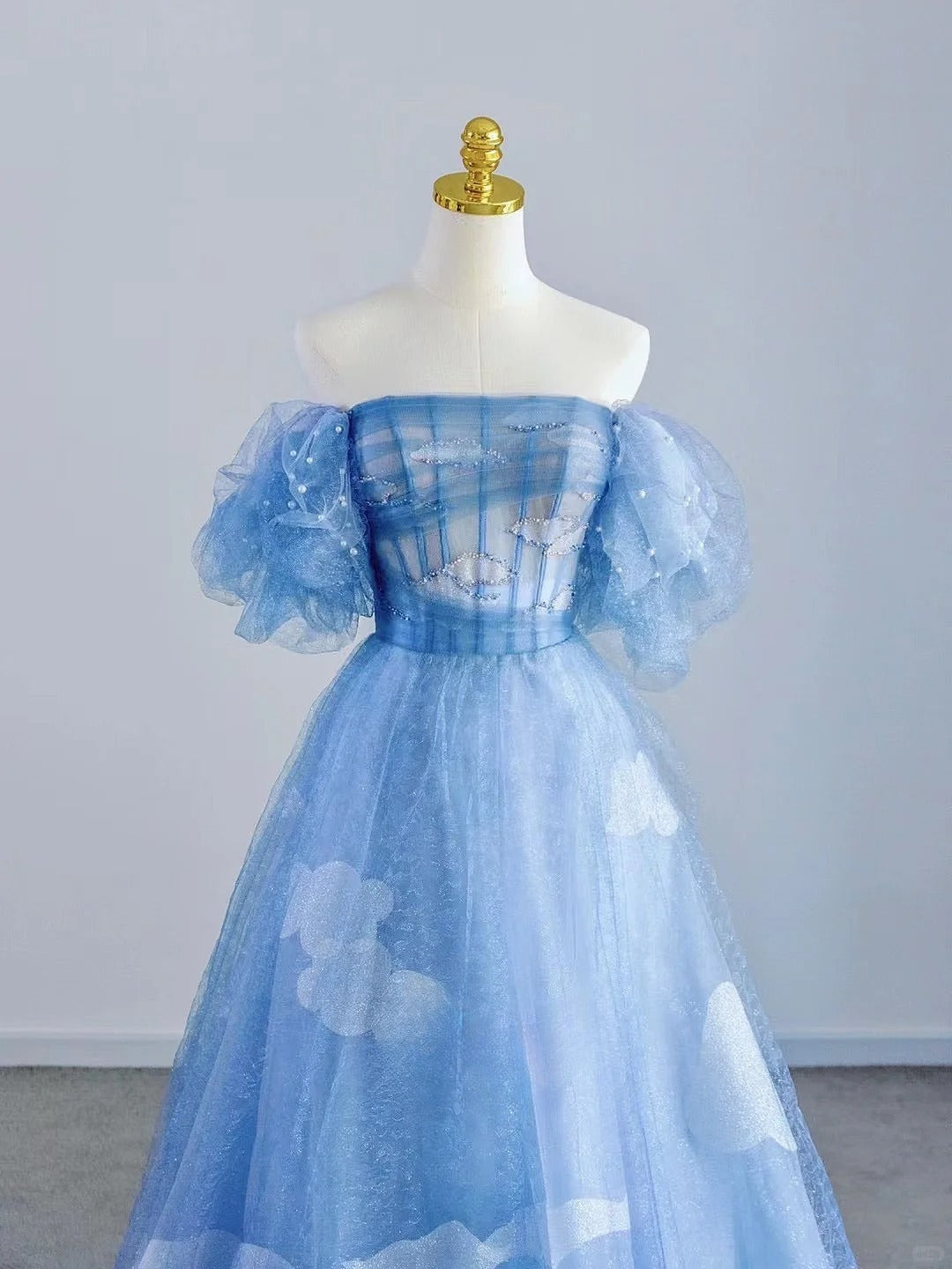 Pretty A line Off The Shoulder Blue Tulle With Sleeves Prom Dresses Long Evening Party Formal Outfits RB6622