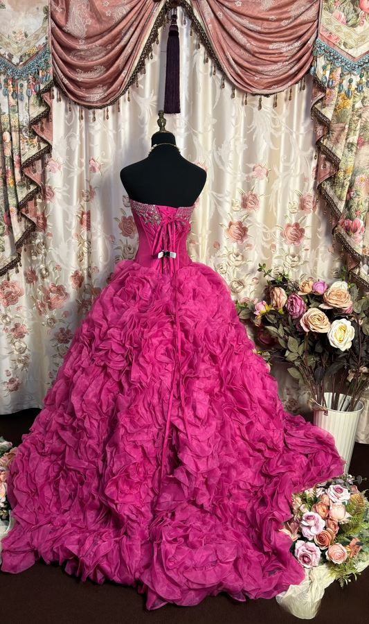 Chic Ball Gown Sweetheart Hot Pink Tulle Long Quinceanera Dress Sweet 15 16 Dresses AU195