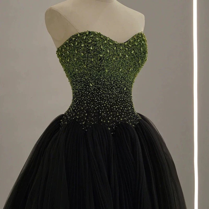 Sexy Ball Gown Sweetheart Black Tulle Green Beads Prom Dress Inspiration Long Party Formal Prom Dresses AU207